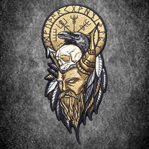 May include: An embroidered patch featuring a bearded figure with a horned helmet, a skull, and a raven. Above the figure is a circular emblem with runic symbols and a central cross design. The patch uses a color palette of gold, black, white, and gray.