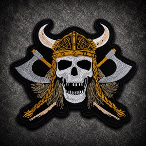 Viking Skull Back Patch, Norse Warrior Embroidered Biker Jacket Applique, 13 Inch