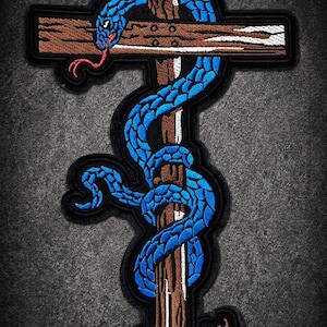 Embroidered Snake Wrapped Cross Patch, Gothic Religious Applique, Sew On Jacket Patch