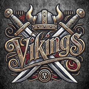 Op de afbeelding: Een geborduurde patch met het woord VIKINGS in gouden en zwarte letters, gecentreerd onder een gehoornde helm. Twee gekruiste zwaarden zijn achter de tekst geplaatst, geaccentueerd met kleine rode knoopdetails en gouden filigraan.