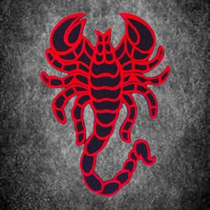 May include: An embroidered patch featuring a stylised scorpion design. The scorpion is rendered in a bold colour scheme of deep black and vibrant red, with intricate stitching outlining the segmented body, pincers, and curved tail.