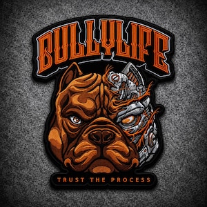 Könnte beinhalten: Ein Aufnäher mit einem braunen Hundekopf mit einer roboterhaften mechanischen Hälfte, orangefarbenem Text BULLYLIFE oben und dem Text TRUST THE PROCESS unten. Das Design verwendet orange, braune und metallisch graue Töne auf dunklem Hintergrund.