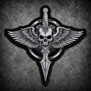 May include: A black and white embroidered patch featuring a central human skull with large, detailed wings extending outward. A vertical sword pierces through the skull, with the hilt at the top and the pointed blade extending downward behind it.