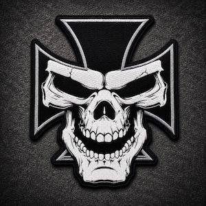 Parche bordado de calavera gótica con cruz, grande, para chaleco de motociclista o chaqueta, aplique de heavy metal punk para coser.