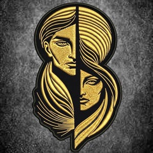 Op de afbeelding: Een ronde geborduurde patch met een gespleten ontwerp van twee gezichten in metallic goudkleurig garen op een zwarte achtergrond. De linkerkant toont een gezicht met vloeiend haar, terwijl de rechterkant een tweede gezicht met golvend haar toont.