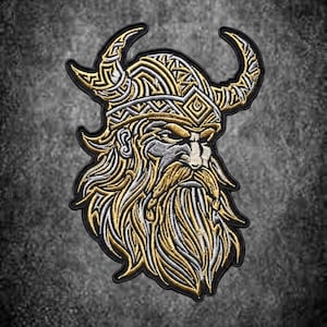 13 Inch Viking Warrior Embroidered Patch, Horned Helmet, Nordic Patterns (Back Patch)
