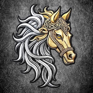 Parche bordado de cabeza de caballo vikingo de 33 cm, aplique de fantasía celta nórdica