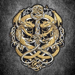 Toppa ricamata con due draghi celtici gemelli, applicazione fantasy vichinga da 33 cm (nero, oro, argento)