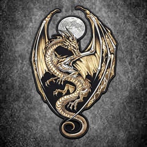 Large Embroidered Winged Dragon Patch, Fantasy Moon Gothic Applique (13 Inch)