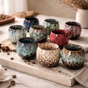 Könnte beinhalten: Ein Set aus drei Keramikbechern mit gesprenkelter, matter Oberfläche. Die Becher sind in Creme-, Hellgrau- und Dunkelgrautönen gehalten. Jeder Becher hat ein schlichtes, minimalistisches Design.