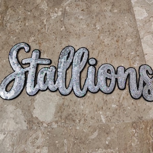 May include: A script-style iron-on patch featuring the word Stallions in silver, reflective, multi-faceted sequins. The lettering is outlined in a thick black border, creating a high-contrast, decorative appliqué for fabric surfaces.