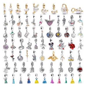 May include: A collection of assorted metal charms featuring various designs including animals, hearts, numbers, fairy tale characters, and colourful enamel accents. Each charm includes a small loop for attachment to a bracelet or necklace chain.