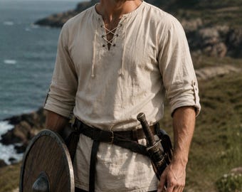 Mittelalter Tunika Shirt für Männer, Baumwolle Renaissance Fair Piraten Tunika, LARP Kostüm Top, Keltische Cosplay Kleidung, Nordisches Gewand
