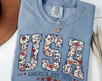 Floral USA Shirt, American Girl Shirt, Comfort Colors® USA Est 1776 Shirt, Girly 4th of July Shirt, Patriotic Women Shirt, Flower USA Shirt