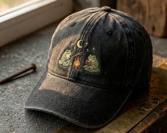 Bestickter Frosch Lagerfeuer Hut, Cottagecore Vintage Baseballkappe, niedliches Natur-Liebhaber-Geschenk