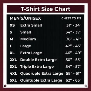 May include: A T-Shirt Size Chart with a dark background and white text. It lists sizes from XS to 5XL with corresponding chest-to-fit measurements in inches, ranging from 31 to 65 inches. The chart header reads T-Shirt Size Chart and MEN'S/UNISEX.