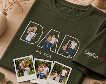 Dad Photo Inside Letters Shirt, Embroidered Faceless Sketch Tee, Personalized Fathers Day Gift, Family Portrait Hoodie, Best Gift from Kids