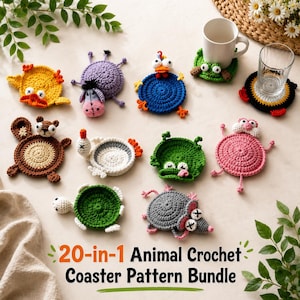 Peut inclure: Une collection de dix dessous de verre au crochet sur le thème des animaux, incluant un canard jaune, un âne violet, un oiseau bleu, un écureuil marron, un cygne blanc, une grenouille verte, un cochon rose, une tortue verte et une souris grise, avec le texte 20-in-1 Animal Crochet Coaster Pattern Bundle.