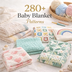 Może przedstawiać: Kolekcja kocyków dla dzieci w różnych kolorach i wzorach, w tym tęcza, serca i kwiatowe wzory. Na zdjęciu znajdują się również włóczka, szydełka i tekst "280+ Baby Blanket Patterns."