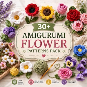 30+ Crochet Flower Pattern Bundle | PDF Amigurumi Flowers | Rose Tulip Daisy Sunflower | Wedding Bouquet | Instant Download