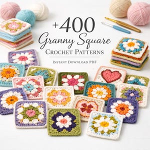 Può includere: Una collezione di modelli di uncinetto di quadrati granny colorati. L'immagine presenta pile di quadrati finiti in vari colori, insieme a singoli quadrati. Il testo recita "+400 Granny Square Crochet Patterns" e "Instant Download PDF".