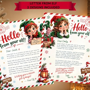 Puede incluir: Dos plantillas de carta imprimibles tituladas Hello from your elf, que presentan un elfo de dibujos animados, bordes a rayas rojas y verdes, sellos postales del Polo Norte y gráficos festivos que incluyen una linterna, regalos y un letrero.