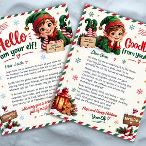May include: Two printed letters featuring a cartoon elf, red and green striped borders, and North Pole postmarks. One letter reads Hello from your elf and the other Goodbye from your elf, both containing holiday messages, snowflake graphics, and a gingerbread man illustration.