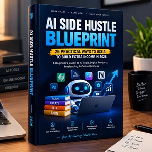 Könnte beinhalten: Ein dunkelblaues Buch mit dem Titel AI Side Hustle Blueprint und dem Untertitel 25 Practical Ways to Use AI to Build Extra Income in 2026. Das Cover zeigt einen kleinen weißen Roboter an einem Laptop, einen Stapel bunter Bücher und verschiedene Software-Symbole.