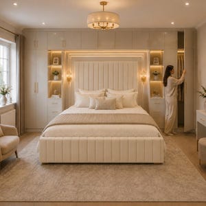 May include: A bedroom featuring a large bed with a vertical channel-tufted headboard and frame in cream fabric. The bed is flanked by floor-to-ceiling wardrobes with integrated shelving, warm LED lighting, and gold hardware in a neutral colour palette.
