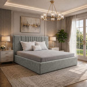 May include: A contemporary bedroom with a large, upholstered bed in a soft grey colour. The bed has white pillows and a grey bedspread. The room includes a patterned rug, bedside tables with lamps, and a gold chandelier.