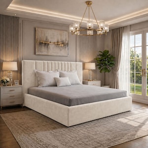 May include: A beige upholstered bed with a tall, vertically-panelled headboard. The bed is made up with grey sheets and white pillows. The room features a chandelier, bedside tables with lamps, and a large abstract painting.