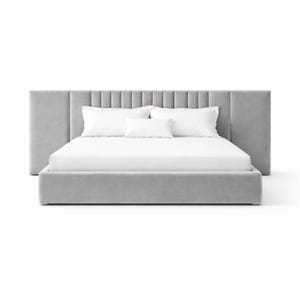 May include: A contemporary bed frame in light grey fabric. The headboard has vertical channel detailing, and the bed is made with white bedding and pillows. The bed frame has a low profile design. The bed is approximately 200cm in length.