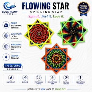 May include: Three star-shaped spinning toys with vibrant designs. The toys are yellow, green, and orange, each featuring a unique pattern. The text "FLOWING STAR SPINNING STAR" is displayed above the toys. The text "Spin it. Feel it. Love it." is also visible.