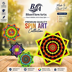 May include: A collection of spin art pieces with colourful, geometric designs. The star-shaped artworks feature swirling patterns in shades of red, yellow, green, and blue. The image includes the text "Premium Quality Spin Art Collection."