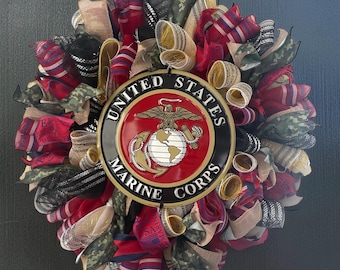 USMC Marine Corps Wreath | Patriotic Red Black Camo Ribbon Door Decor