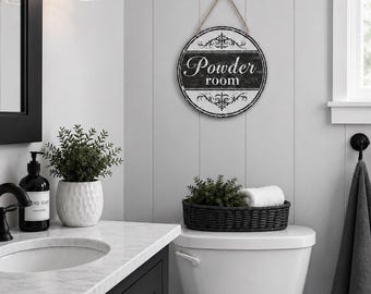 Cartello rustico per la toilette, decorazione murale per il bagno in stile rustico, cartello per il bagno in bianco e nero, targa vintage in legno per il bagno, decorazione per il bagno degli ospiti.