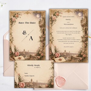 Può includere: Un set di cancelleria per matrimoni composto da una carta Save the Date, un invito e una carta RSVP. Le carte presentano uno sfondo in pergamena vintage con illustrazioni di balconi in pietra, rose rosa, una luna piena e uno skyline cittadino. Il testo include Save The Date, Emily and Alexander e Kindly Reply.