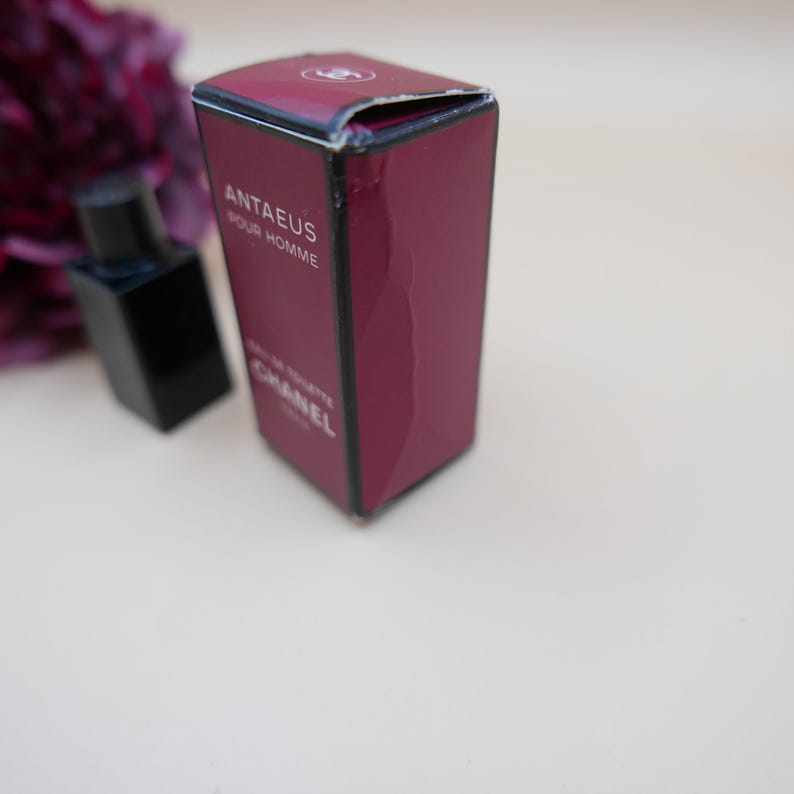 May include: A burgundy box of Chanel Antaeus Pour Homme Eau de Toilette. The box has white text and a black perfume bottle is next to it. The background is a light beige.