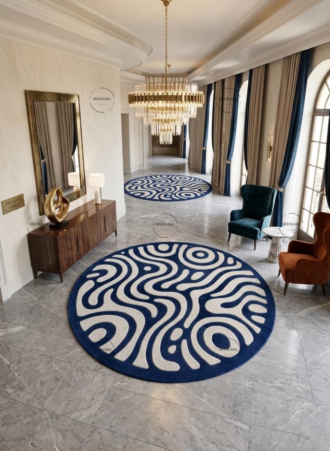 Modern Abstract Blue & Ivory Round Rug, Handmade Hand Tufted Wool Rug ...