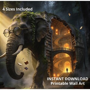 Elefant Bibliothek Wandkunst, Fantasy Kunstdruck, surreales Tier Architektur Poster, magischer Realismus druckbare, digitale Download