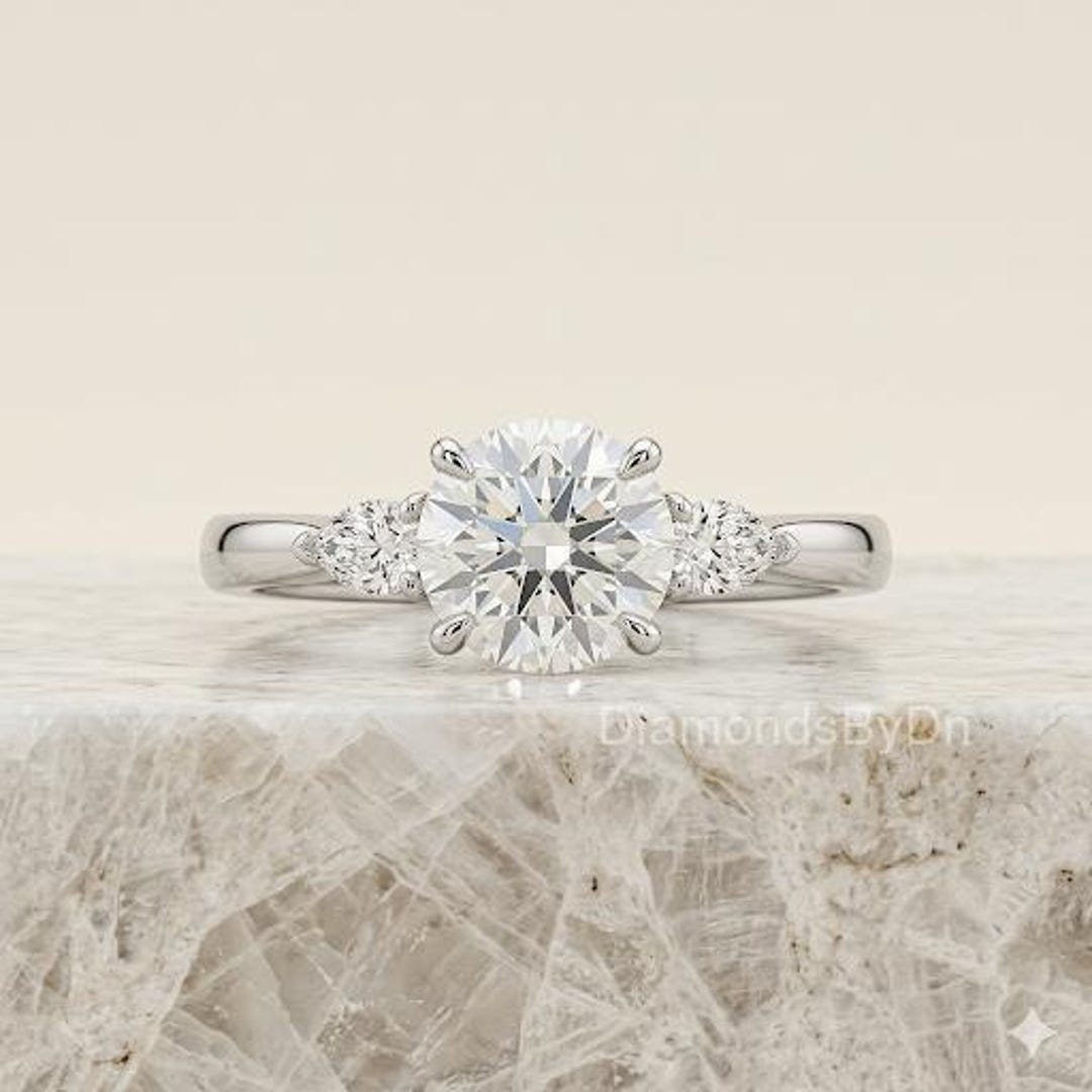 Trio Round Cut Lab Grown Three Stone Ring in 14K Solid Gold Engagement ...