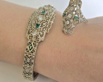 14k White Gold Art Deco Diamond w/ Emerald Filigree Bracelet & Ring Set