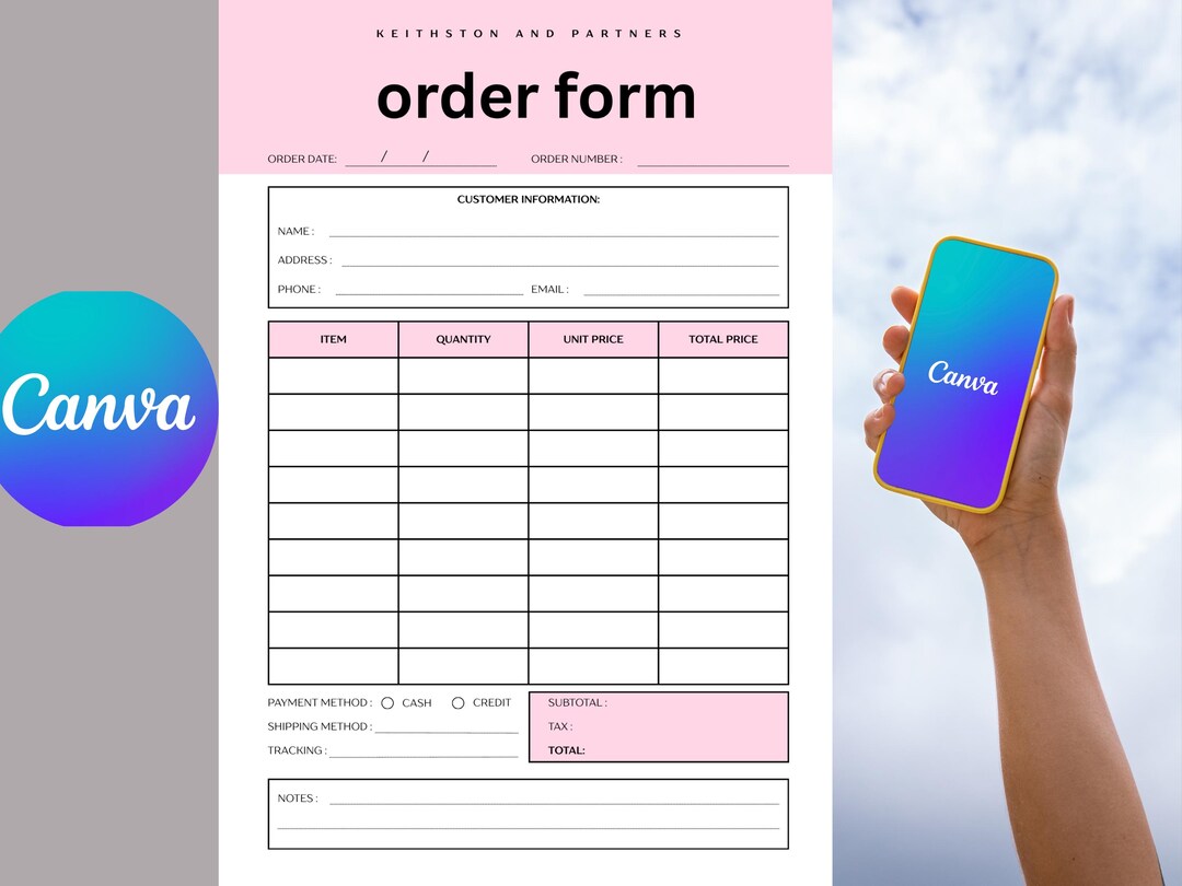 Editable Order Form Template for Small Business Canva Printable ...