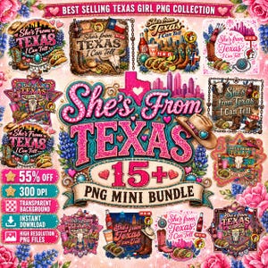 Könnte beinhalten: Eine digitale Sammlung von über 15 PNG-Grafiken mit dem Text She's From Texas I Can Tell. Die Designs zeigen Cowboystiefel, Hüte, Tacos, Longhorn-Schädel, Lupinen und texanische Skylines, verziert mit pinkfarbenen Glitzerelementen.