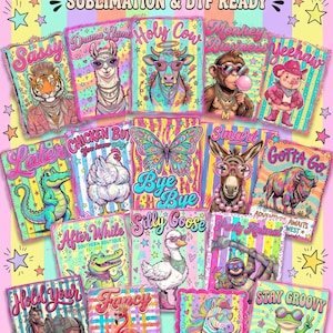 Puede incluir: Un paquete de 17 diseños de animales, listos para sublimación e impresión DTF. Cada diseño presenta un animal diferente con un estilo único y colorido. Los diseños incluyen un tigre, llama, vaca, mono, cerdo, cocodrilo, pollo, mariposa, burro, bisonte, caballo, flamenco, unicornio, ganso, perezoso y rana.