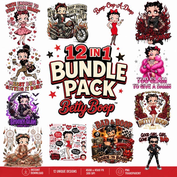 Betty Boop Bundle PNG 12 Designs | Retro Cartoon PNG Pack | Sublimation Designs | Vintage Glam Goth Biker Boop | Instant Download Clipart