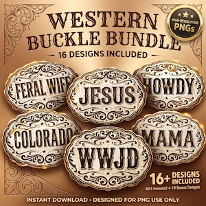 Puede incluir: Colección de diseños de hebillas de estilo western con textos como "FERAL WIFE", "JESUS" y "HOWDY". Las hebillas tienen un esquema de color dorado y crema con adornos de volutas. La imagen incluye el texto "WESTERN BUCKLE BUNDLE" y "16 DESIGNS INCLUDED".