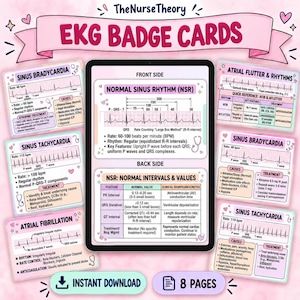 Puede incluir: Un conjunto de tarjetas de identificación EKG con tablas de referencia médica para ritmos cardíacos como bradicardia sinusal, taquicardia y fibrilación auricular. Las tarjetas muestran trazados EKG, valores clínicos y notas de tratamiento.