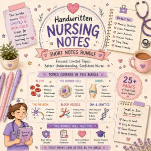 May include: A digital educational poster titled Handwritten Nursing Notes Short Notes Bundle. It features illustrations of a nurse, a stethoscope, a coffee mug, and a plant. The content outlines medical topics like blood, cells, joints, neurons, and DNA.