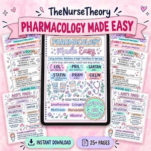 May include: A digital pharmacology study guide titled Pharmacology Made Easy, featuring colorful hand-drawn illustrations of medical icons, drug suffixes, and nursing notes. The layout includes text boxes for beta-blockers, ARBs, and high-yield medications on a pink background.